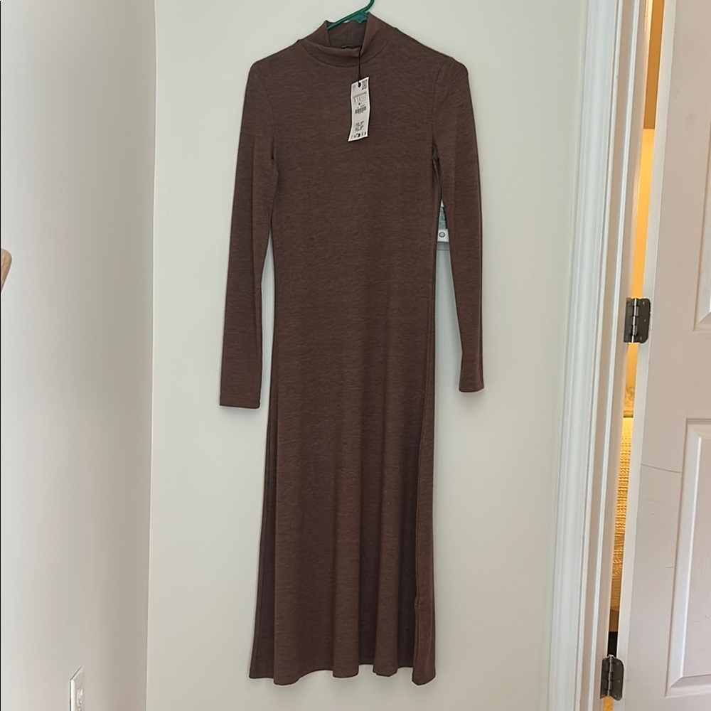 Zara Brown Ribbed Maxi Dress with Mandarin Collar
